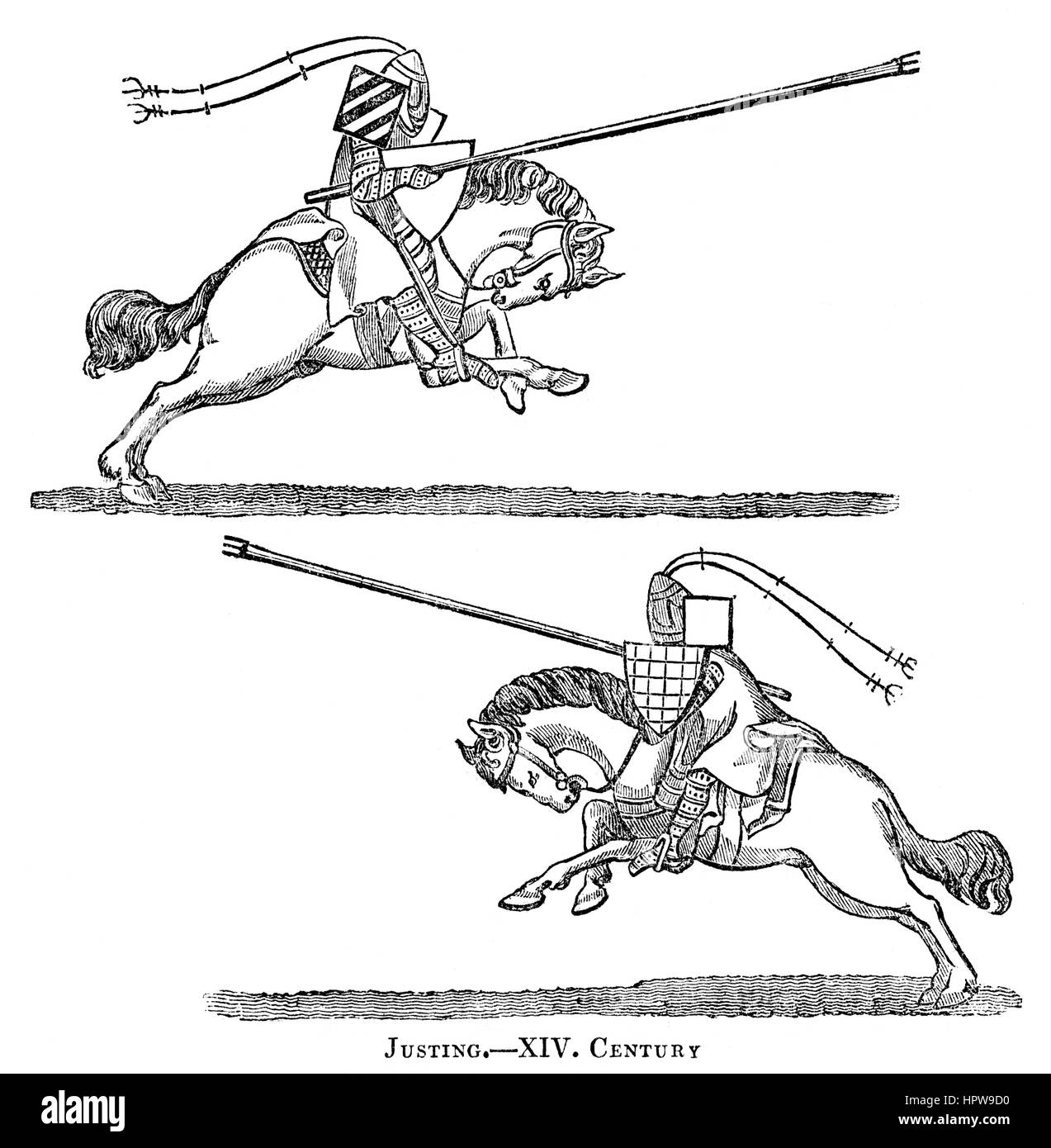 Eine Illustration Justing (Fechten), im 14. Jahrhundert in hoher Auflösung aus einem Buch gescannt, gedruckt im Jahre 1831.  Kostenlos copyright geglaubt. Stockfoto