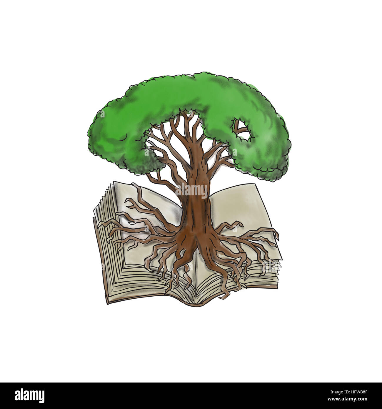 Tattoo-Stil Darstellung eines Baumes auf Buch auf isolierten weißen Hintergrund verwurzelt. Stockfoto