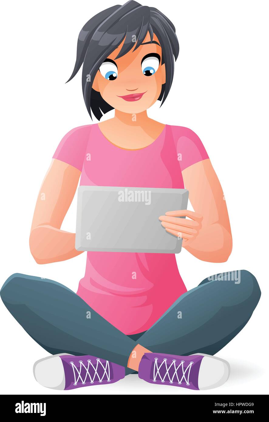 Junge Frau mit Tablet-Computer. Vektor-Illustration. Stock Vektor