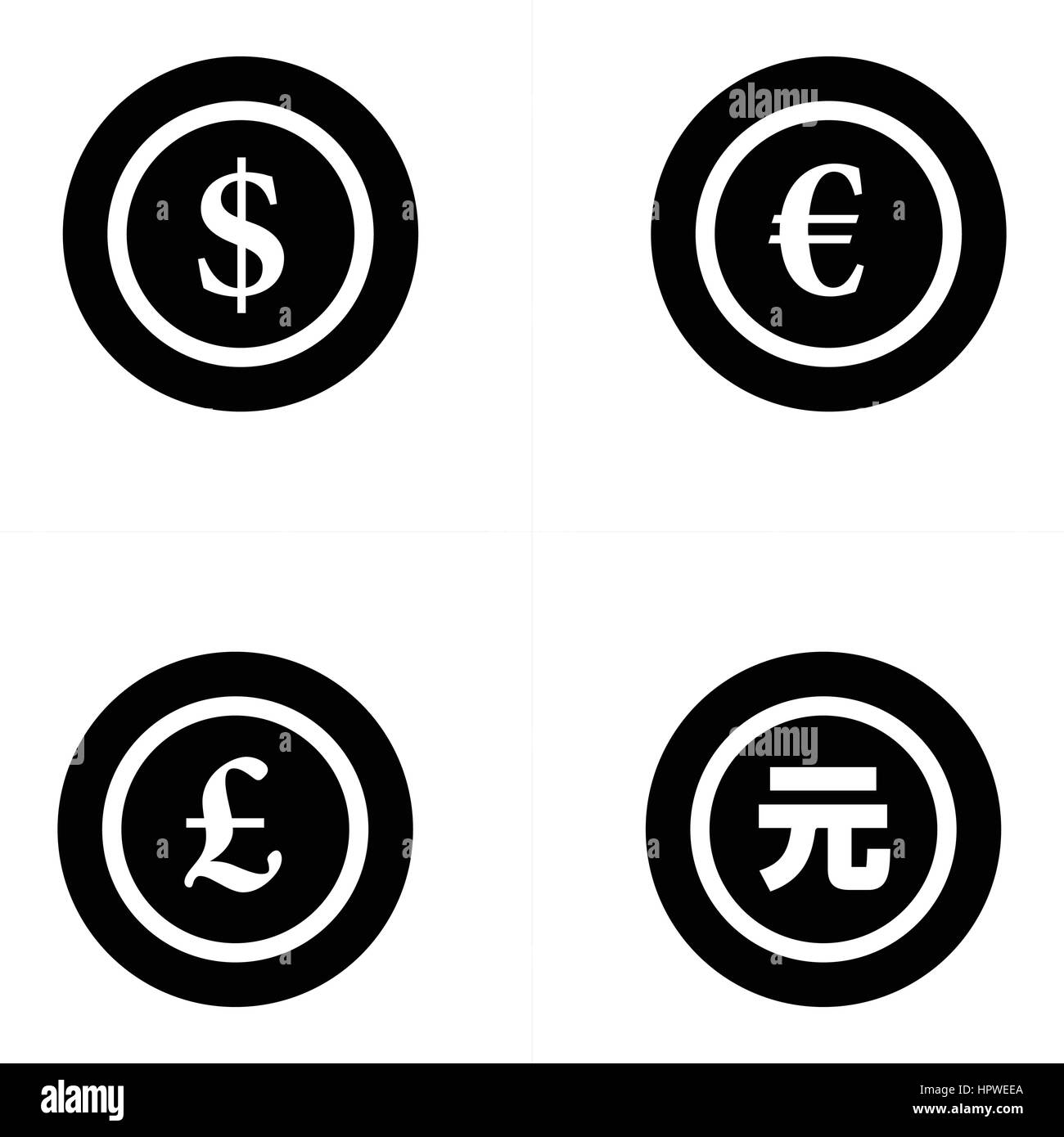 Symbol-Dollar, Euro, Pfund, Yuan-Münzen Stock Vektor