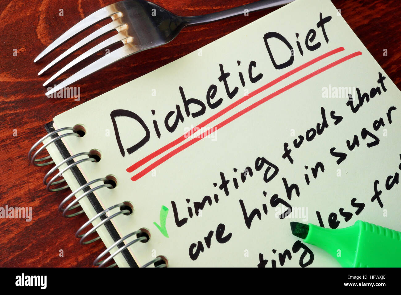 Seite einer Notiz mit dem Titel Diabetes-Diät. Stockfoto