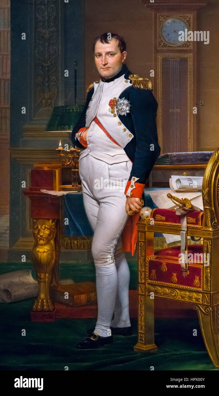 Napoleon Bonaparte. Porträt mit dem Titel "The Kaiser Napoleon in seinem Arbeitszimmer im Tuileries" von Jacques, Öl auf Leinwand, 1812. Stockfoto