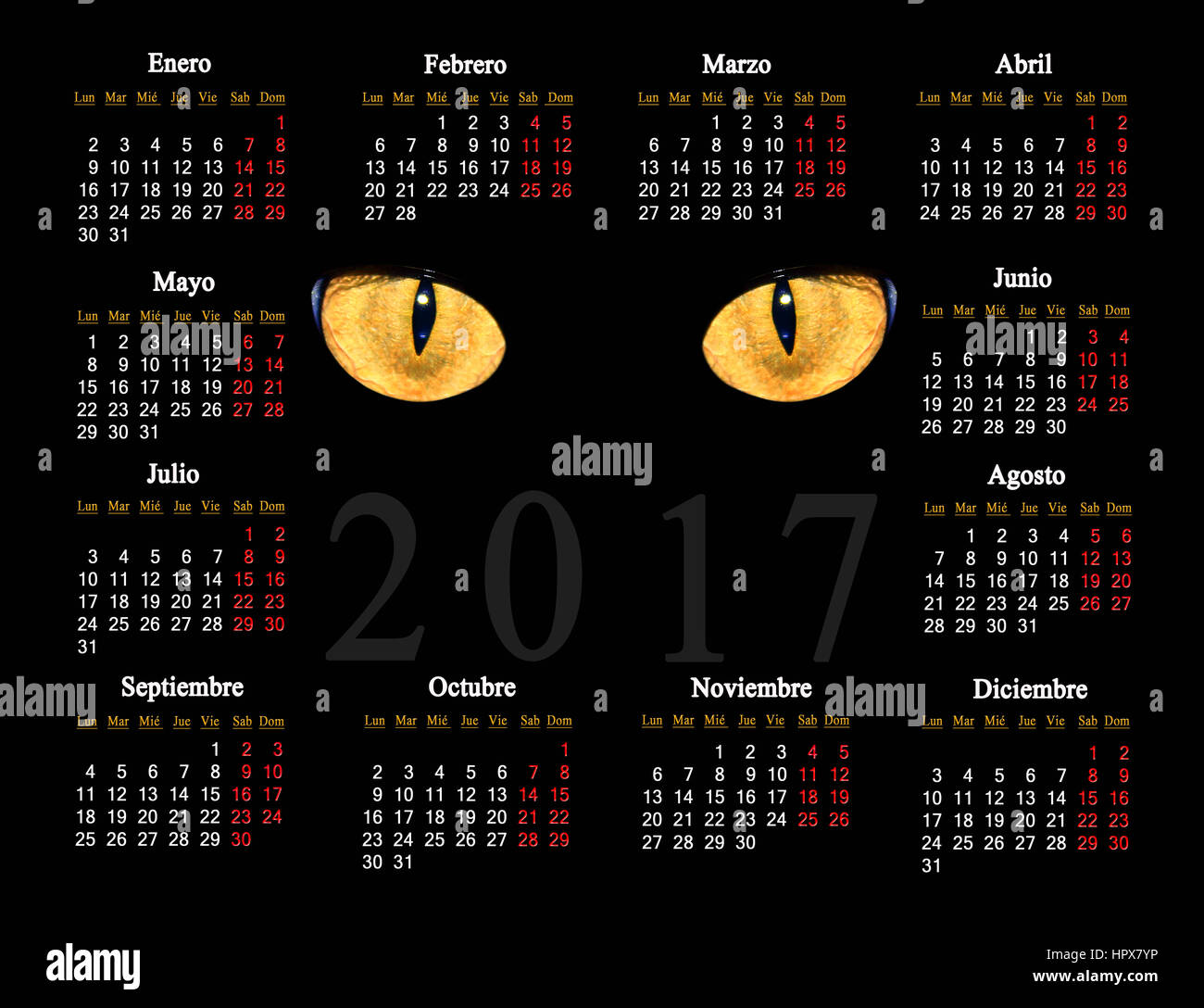 schöne schwarze Kalender für das Jahr 2017 mit Katzenaugen in spanischer Sprache Stockfoto