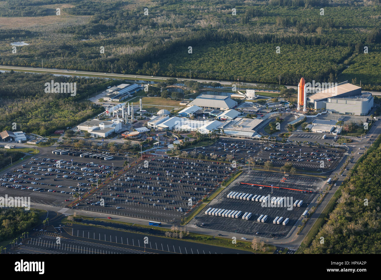 CAPE CANAVERAL, ORLANDO, FL - 17. Februar 2017: Luftaufnahme des gesamten Komplexes der NASA. Kennedy Space Center Museum Stockfoto