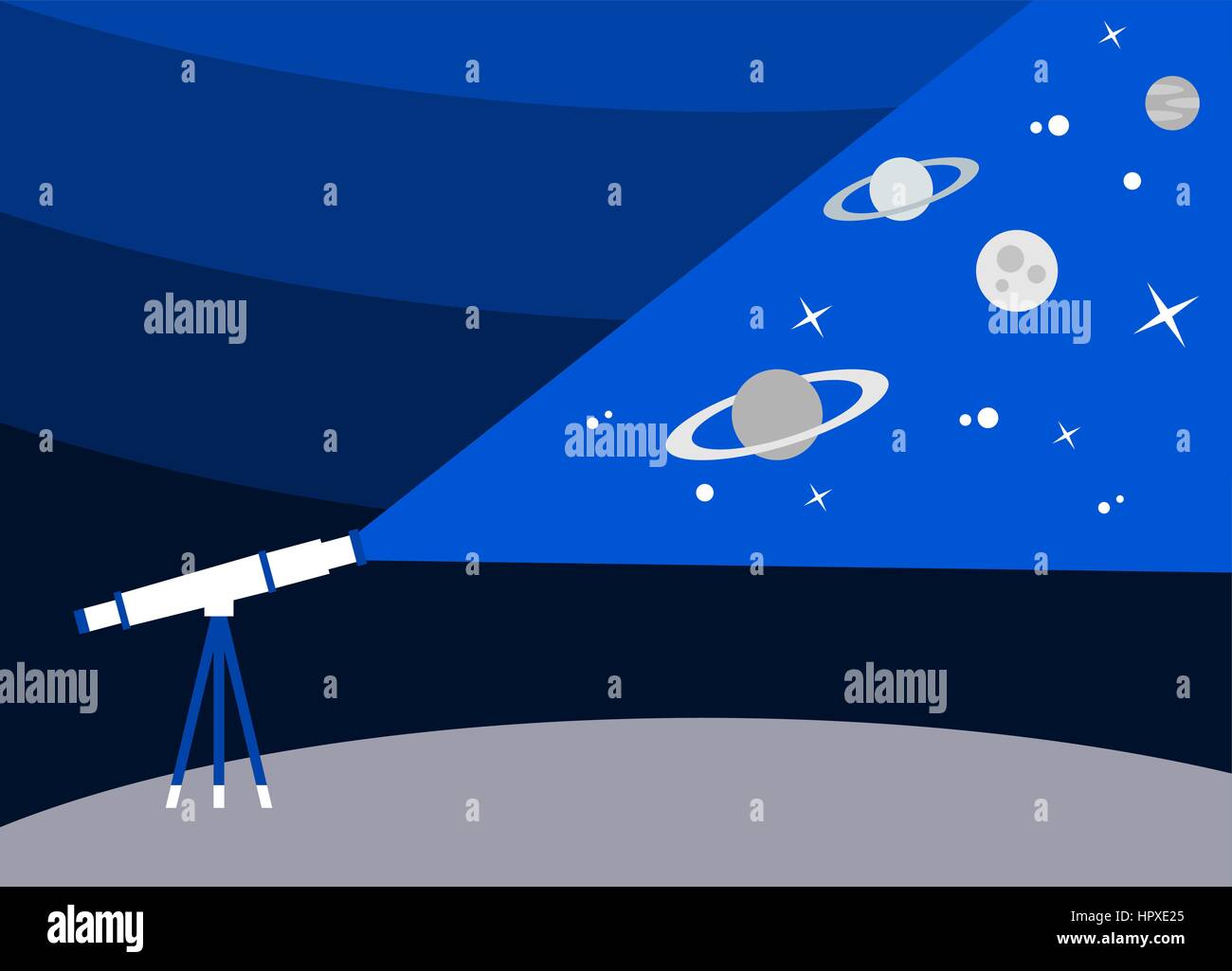 Anzeigen des Universums durch ein Teleskop. Astronomie Ausrüstung. Sternenhimmel, Planeten, Sterne, Weltraum. Exploration, Suche, Neugier, Konzept. Vektor Stock Vektor