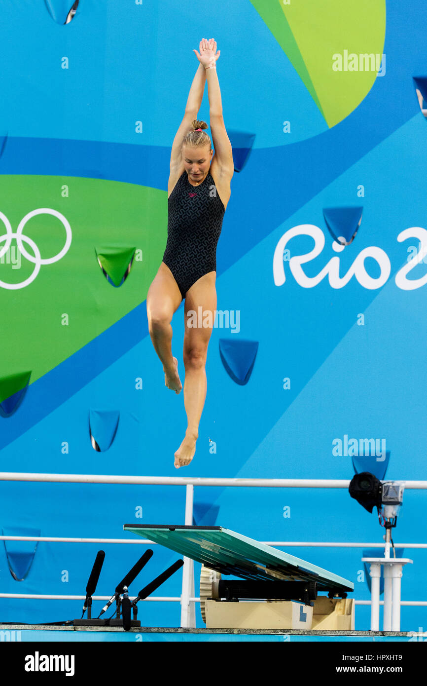 Rio De Janeiro, Brasilien. 14. August 2016 konkurriert Olena Fedorova (UKR), in dem Frauen Tauchen Sprungbrett 3-Meter-Finale bei den Olympischen Sommerspielen 2016. © Paul Stockfoto