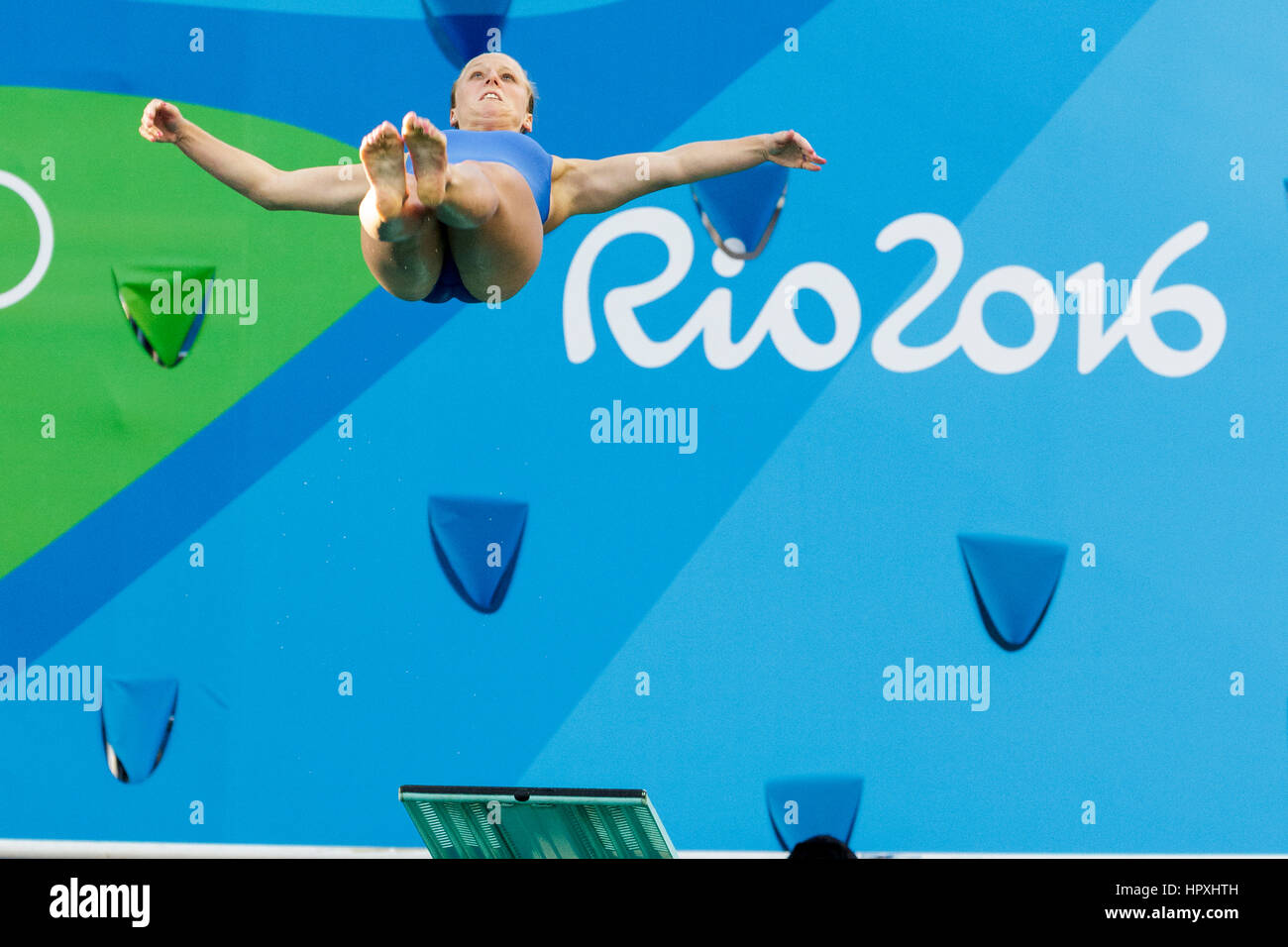 Rio De Janeiro, Brasilien. 14. August 2016 konkurriert Abigail Johnston (USA), in dem Frauen Tauchen Sprungbrett 3-Meter-Finale bei den Olympischen Sommerspielen 2016. © Pau Stockfoto