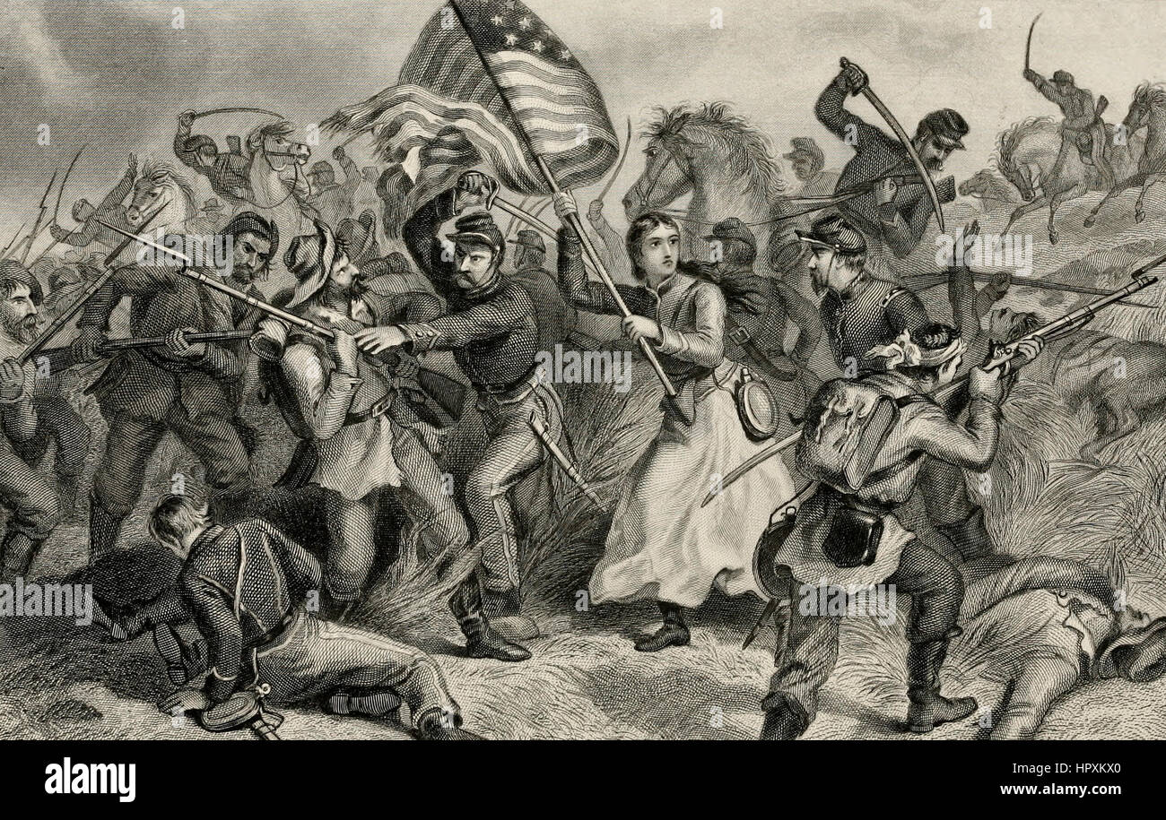 Eine Frau in der Schlacht - "Michigan Bridget", die die Flagge - USA Bürgerkrieg Stockfoto