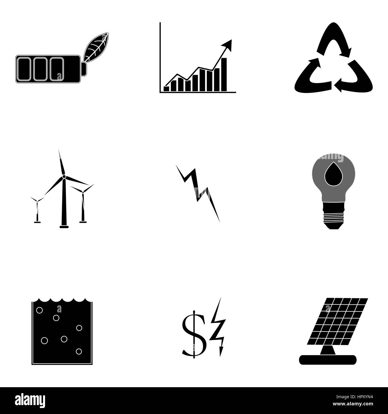 Alternative Energie Symbole schwarze Silhouette. Ökologische Batterie, Abbildung von erneuerbarem Strom und Geld sparen Stockfoto