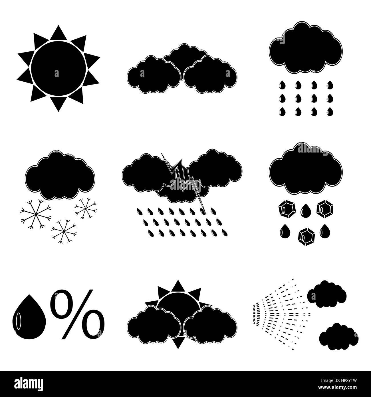 Schwarze Silhouette Meteorologie Symbole festgelegt. Temperatur warm Icon, Natur-Meteorologie-Web-Taste, Vektor-illustration Stockfoto