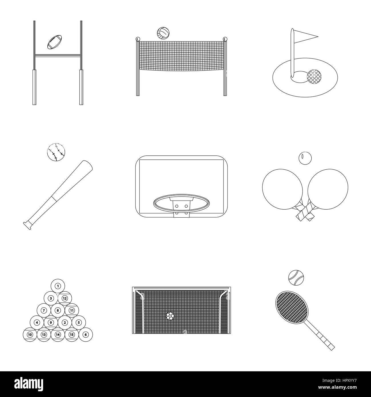 Lineare Sport Symbole festgelegt. Basketball und Volleyball, Aktivität Spiel mit Ball. Vektor-illustration Stockfoto