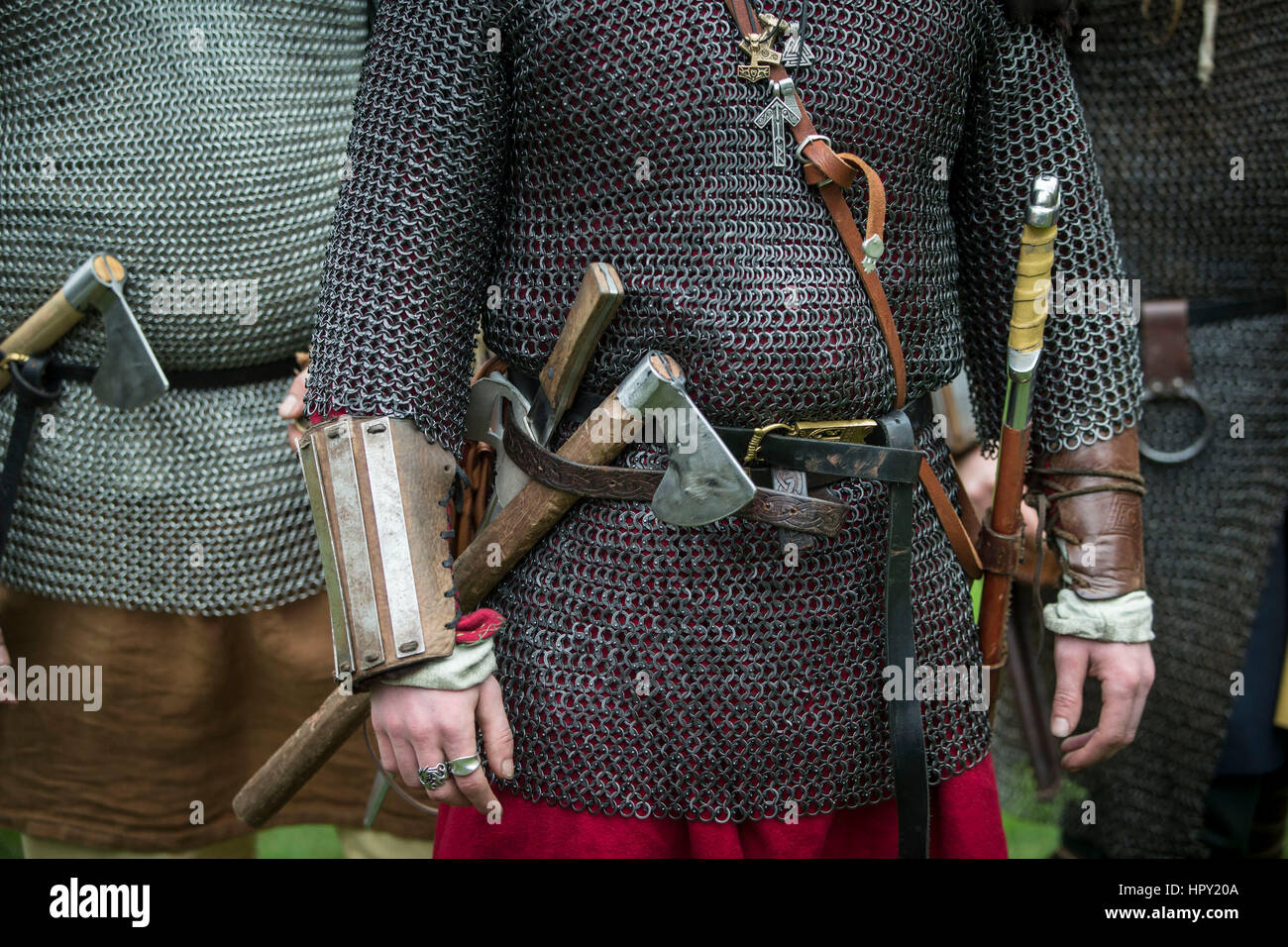 Viking-Re-enactment in York während das JORVIK Viking Festival, einer einwöchigen Feier des letzten Wikinger-König in der Stadt, Eric Bloodaxe. Stockfoto