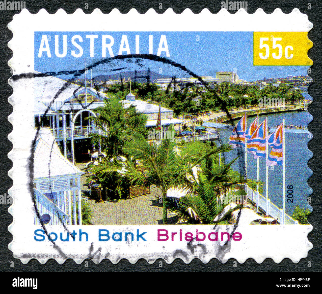 Australien - CIRCA 2008: Eine gebrauchte Briefmarke aus Australien, ein Bild der South Bank in Brisbane, ca. 2008. Stockfoto