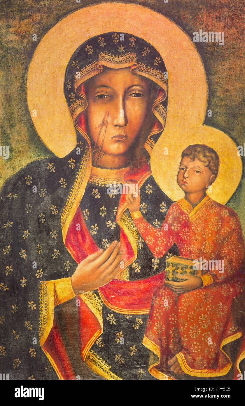 BERLIN, Deutschland, Februar - 15, 2017: Das Gemälde von Ikon Mutter Mary von Czestochowa (schwarze Madonna) in der Kirche Rosenkranz Basilika von unbekannten Künstler Stockfoto