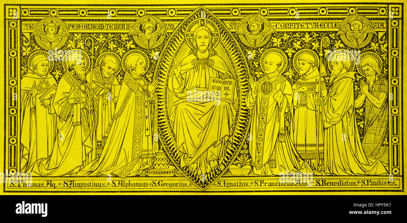 BRATISLAVA, Slowakei, NOVEMBER - 21, 2016: Die Lithographie von Jesuts unter Heiligen unbekannten Künstlers mit Initialen F.M.S (Ende des 19. Jh.) eine Stockfoto