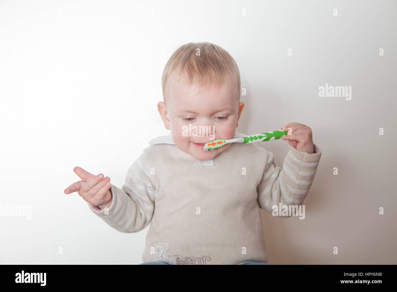 Kleines Mädchen putzen ihre Zähne isoliert auf weißem Hintergrund Stockfoto