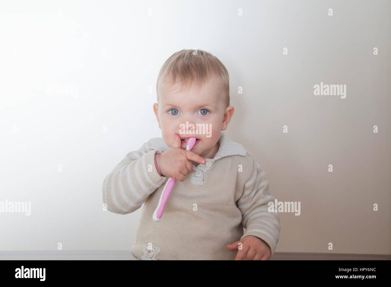 Kleines Mädchen putzen ihre Zähne isoliert auf weißem Hintergrund Stockfoto