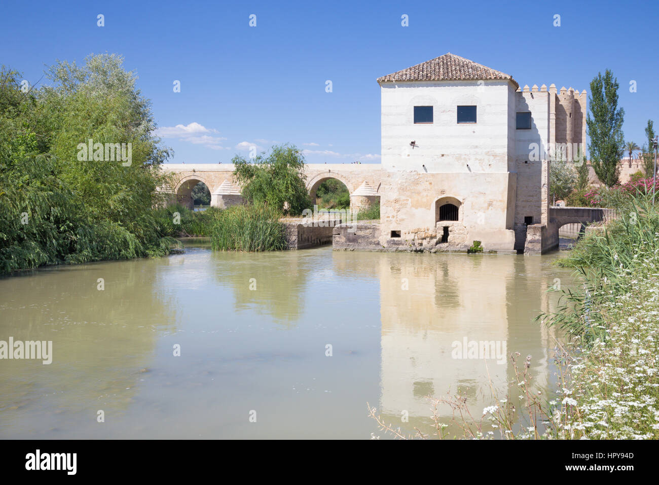 Cordoba - der Rest der Wassermühle und römischen Brücke mit dem Torre Calahorra im Hintergrund. Stockfoto