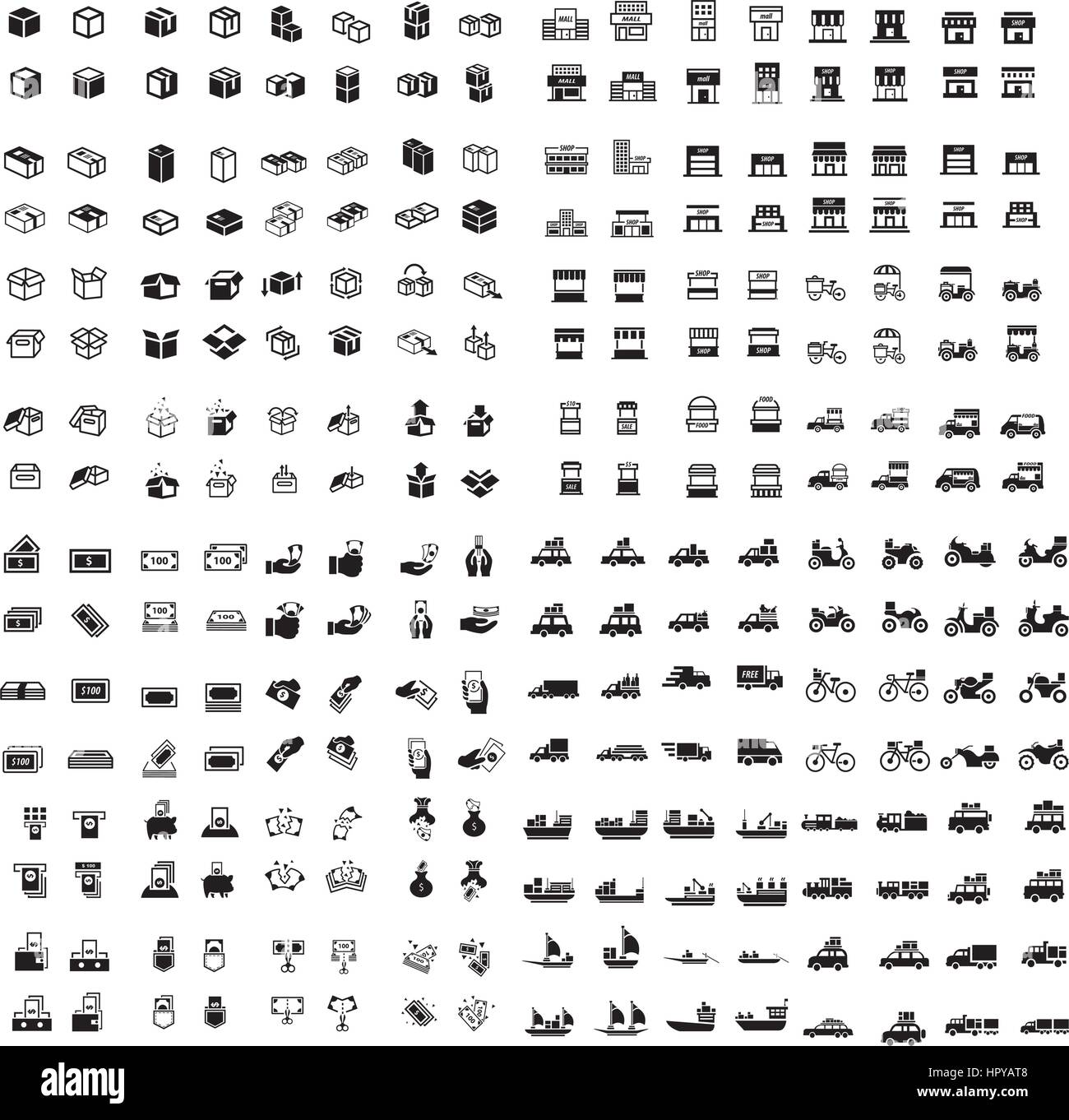 Box, Transport, Geld und Geschäft stellen 256 Artikel-icons Stock Vektor