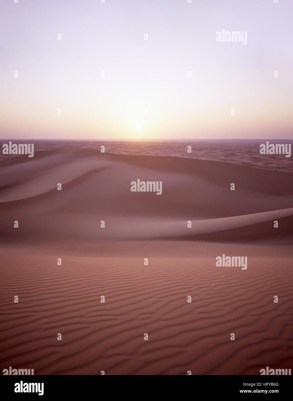 Dubai-Wüste bei Sonnenuntergang, Dubai, Vereinigte Arabische Emirate Stockfoto