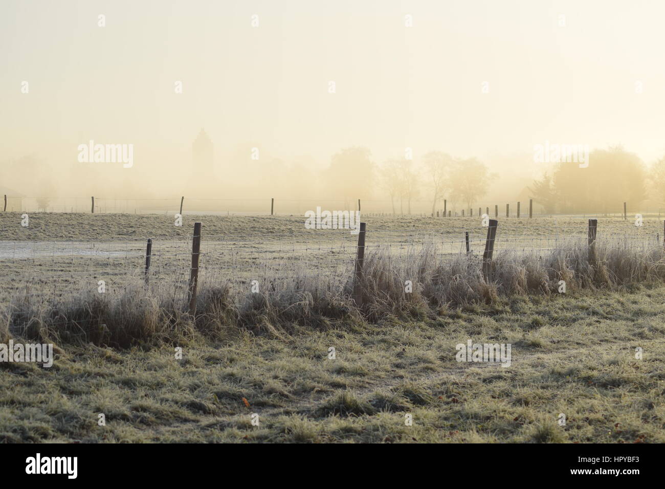 Frühe Nebel frostigen Morgen in Allerød Dänemark mit Blick auf die Kirche Stockfoto