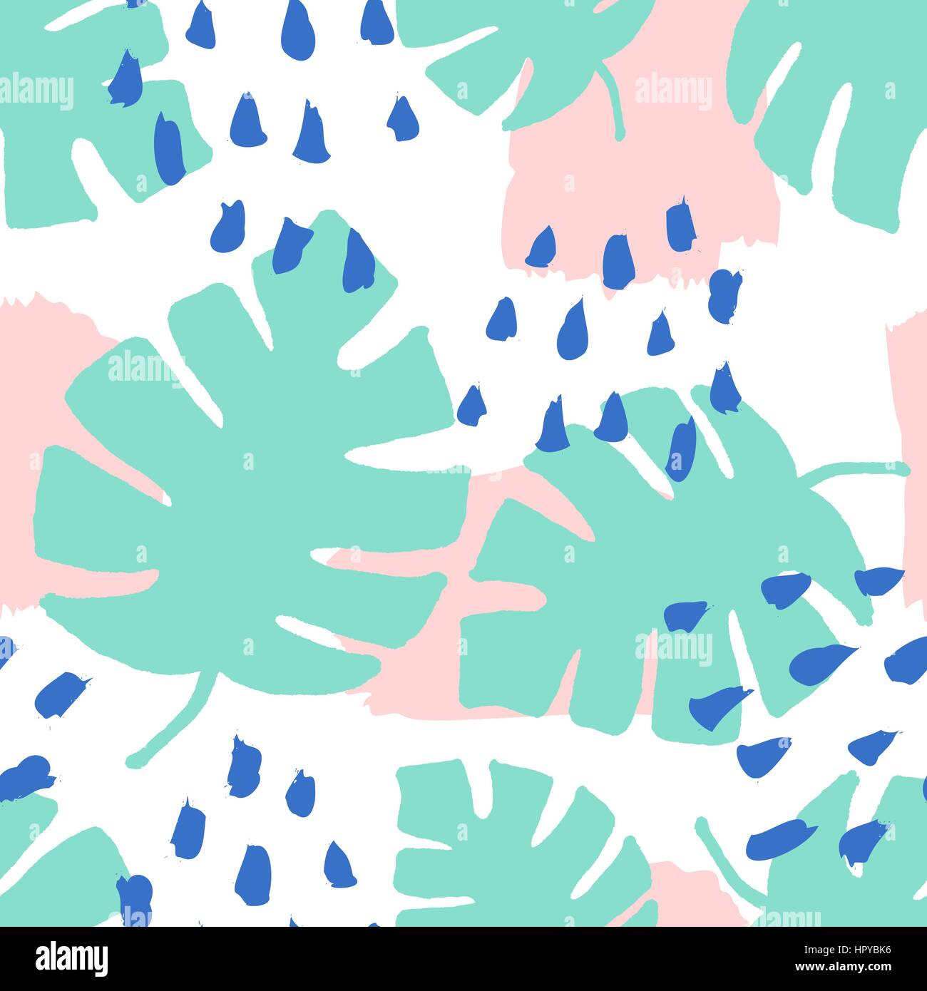 Nahtlose wiederholendes Muster mit Pinselstrichen in blau und Pastell rosa und grünen tropischen hinterlässt auf weißem Hintergrund. Retro-Stil-Fliesen-Hintergrund. Stock Vektor
