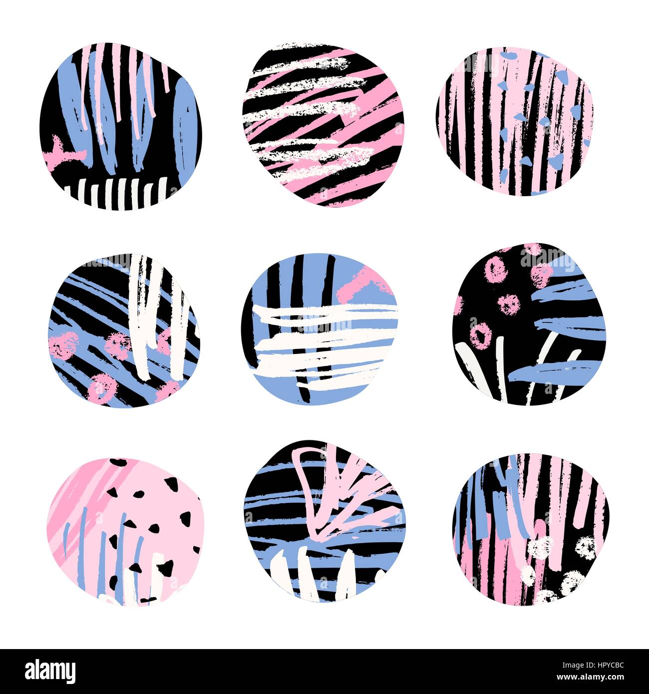 Eine Reihe von strukturierten runden Formen in schwarz, blau und rosa, isoliert auf weißem Hintergrund. Stock Vektor