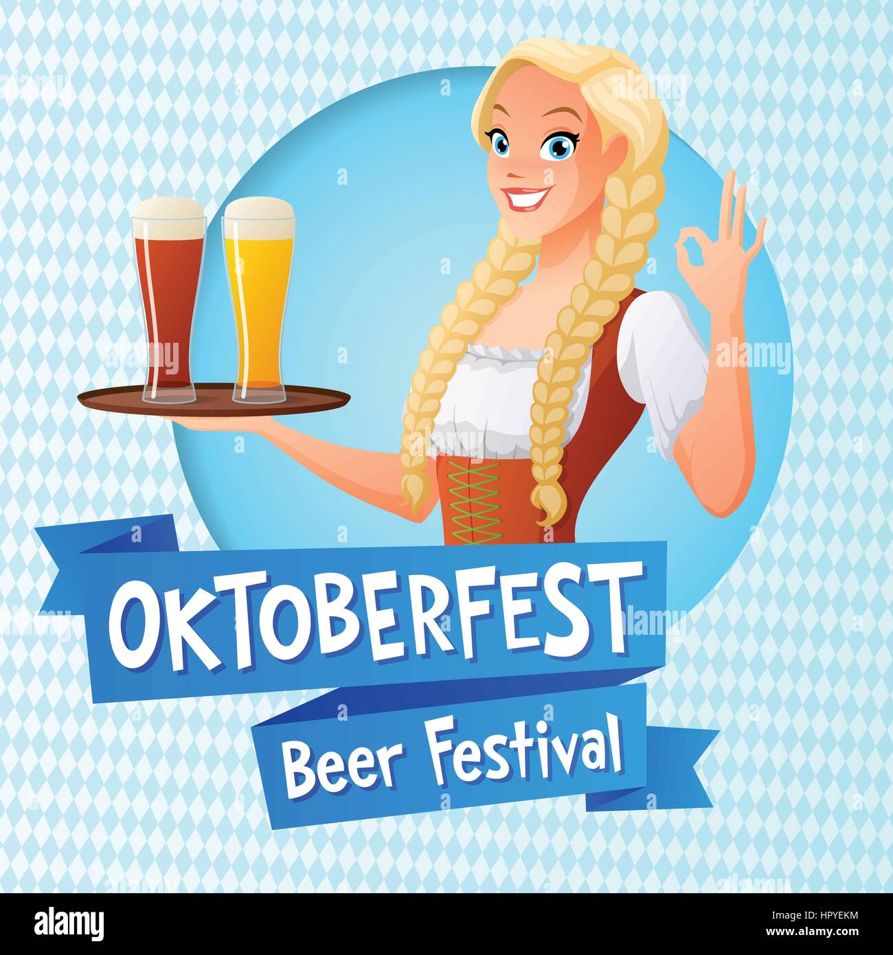 Oktoberfest-Vektor-Karte. Süße Mädchen im nationalen deutschen Outfit hält Tablett mit helles und dunkles Bier und zeigt OK Zeichen Geste. Stock Vektor