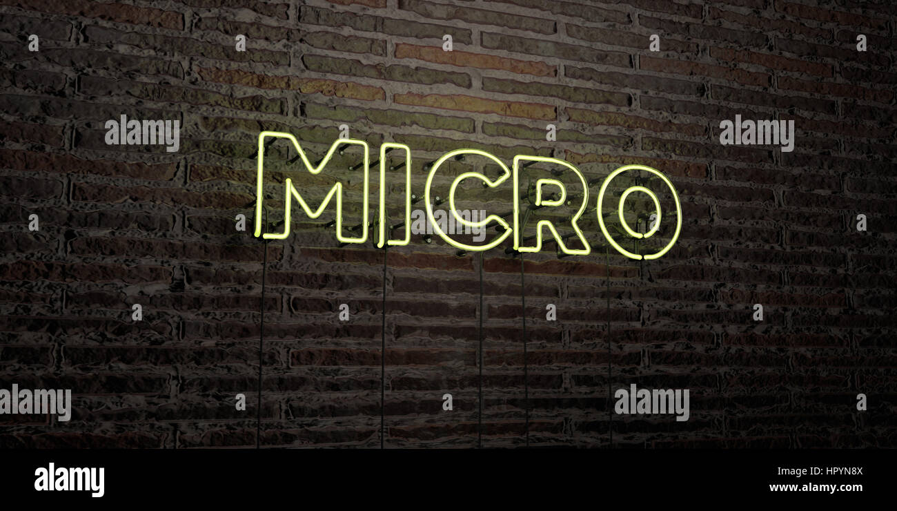 Mikro - realistische Leuchtreklame auf Ziegelmauer Hintergrund - 3D gerenderten Lizenzgebühren frei Bild. Einsetzbar für Online-Bannerwerbung und Direct-Mailings. Stockfoto