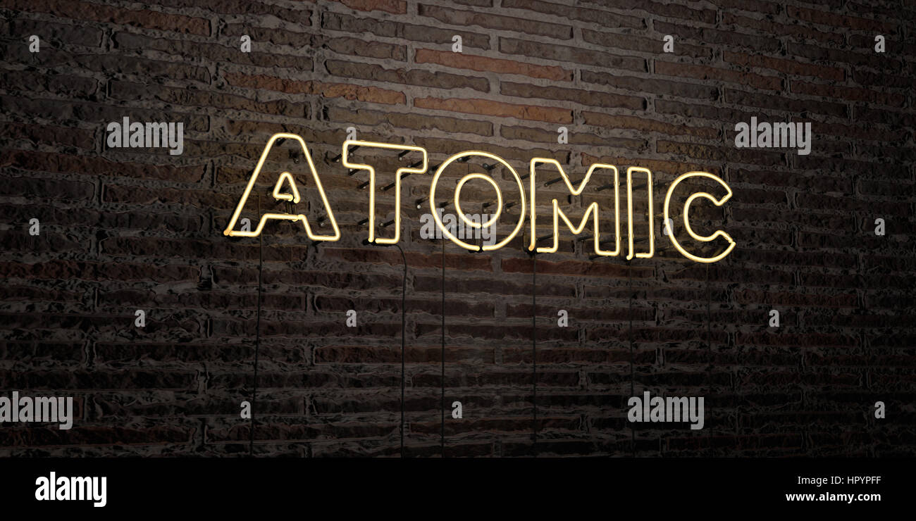 ATOMIC - realistische Leuchtreklame auf Ziegelmauer Hintergrund - 3D gerenderten Lizenzgebühren frei Bild. Einsetzbar für Online-Bannerwerbung und Direct-Mailings. Stockfoto