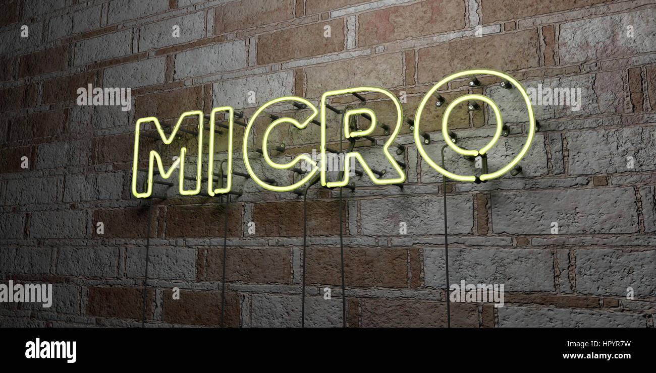 Mikro - Glowing Leuchtreklame auf Mauerwerk Wand - 3D gerendert lizenzfreie stock Illustration.  Einsetzbar für Online-Bannerwerbung und Direct-Mailings. Stockfoto