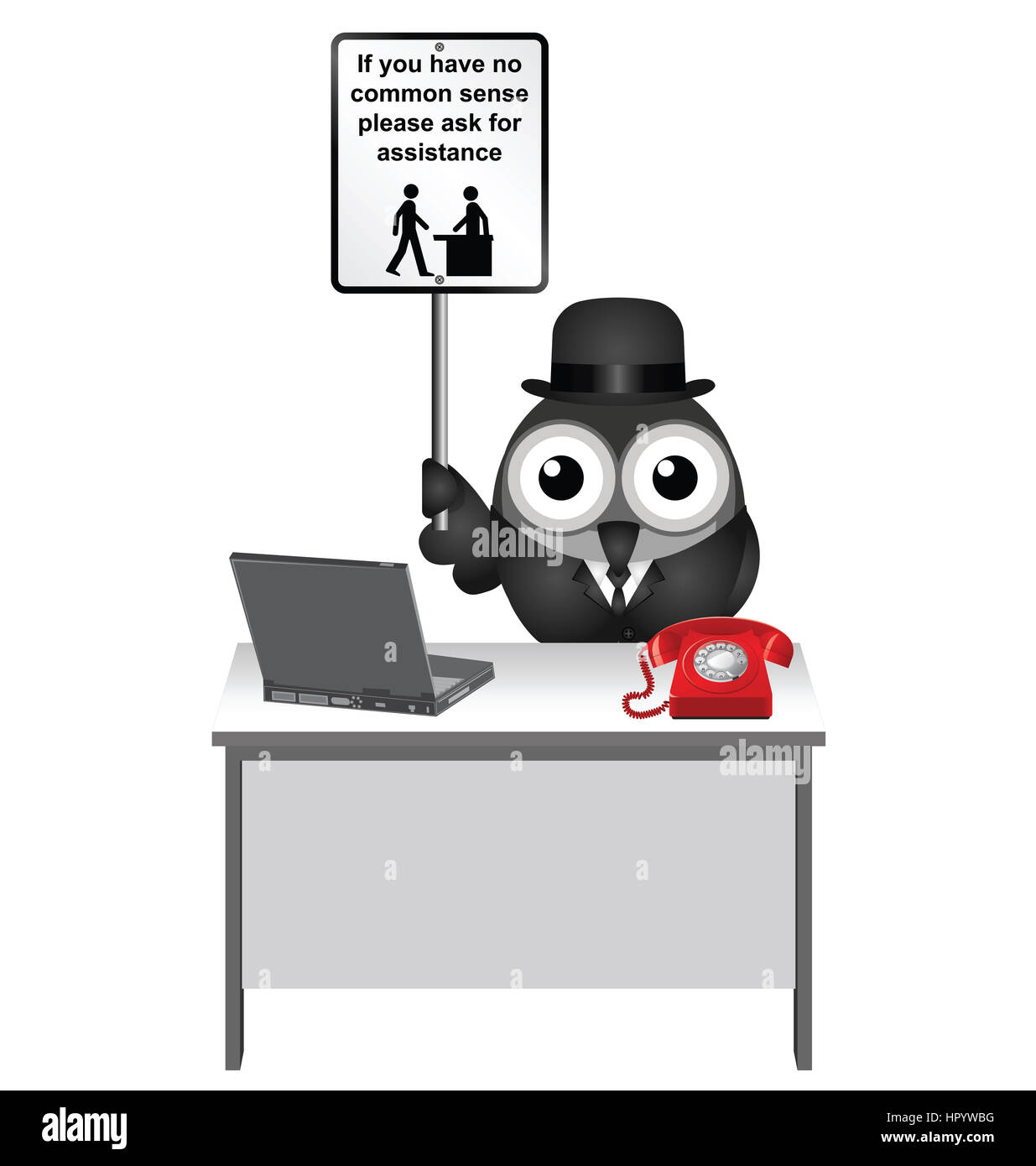Komische Vernunft Schild mit Vogel Helfer saß an seinem Schreibtisch Stockfoto
