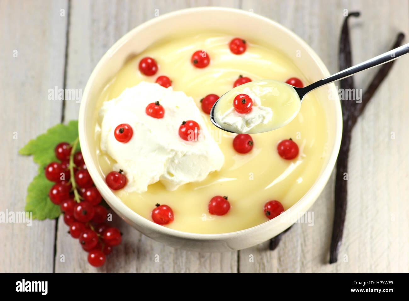traditionelle niederländische Pudding serviert mit roten Johannisbeeren auf hölzernen Hintergrund Stockfoto