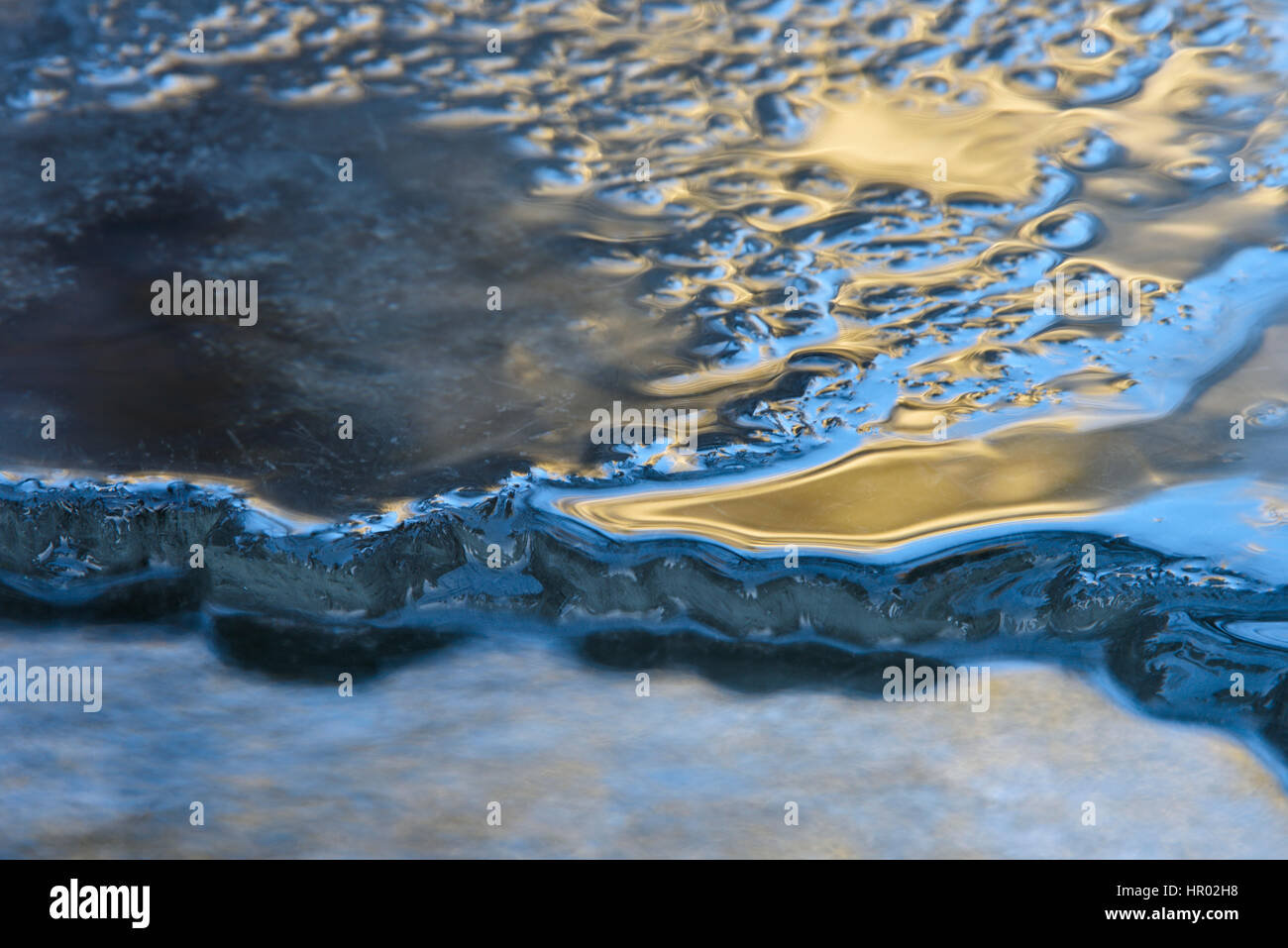 Lichtreflektierende Eisschild, Quelle Fluss Warme Bode in der Nähe von Braunlage, Niedersachsen, Deutschland Stockfoto