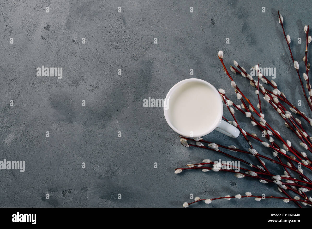 Frühling. Bonbon, Joghurt, Ansicht von oben flach legen, Muster Eibisch auf dunklem Hintergrund. isolierte minimal Konzept, Essen Hintergrund. Blumen der Weide. Stockfoto