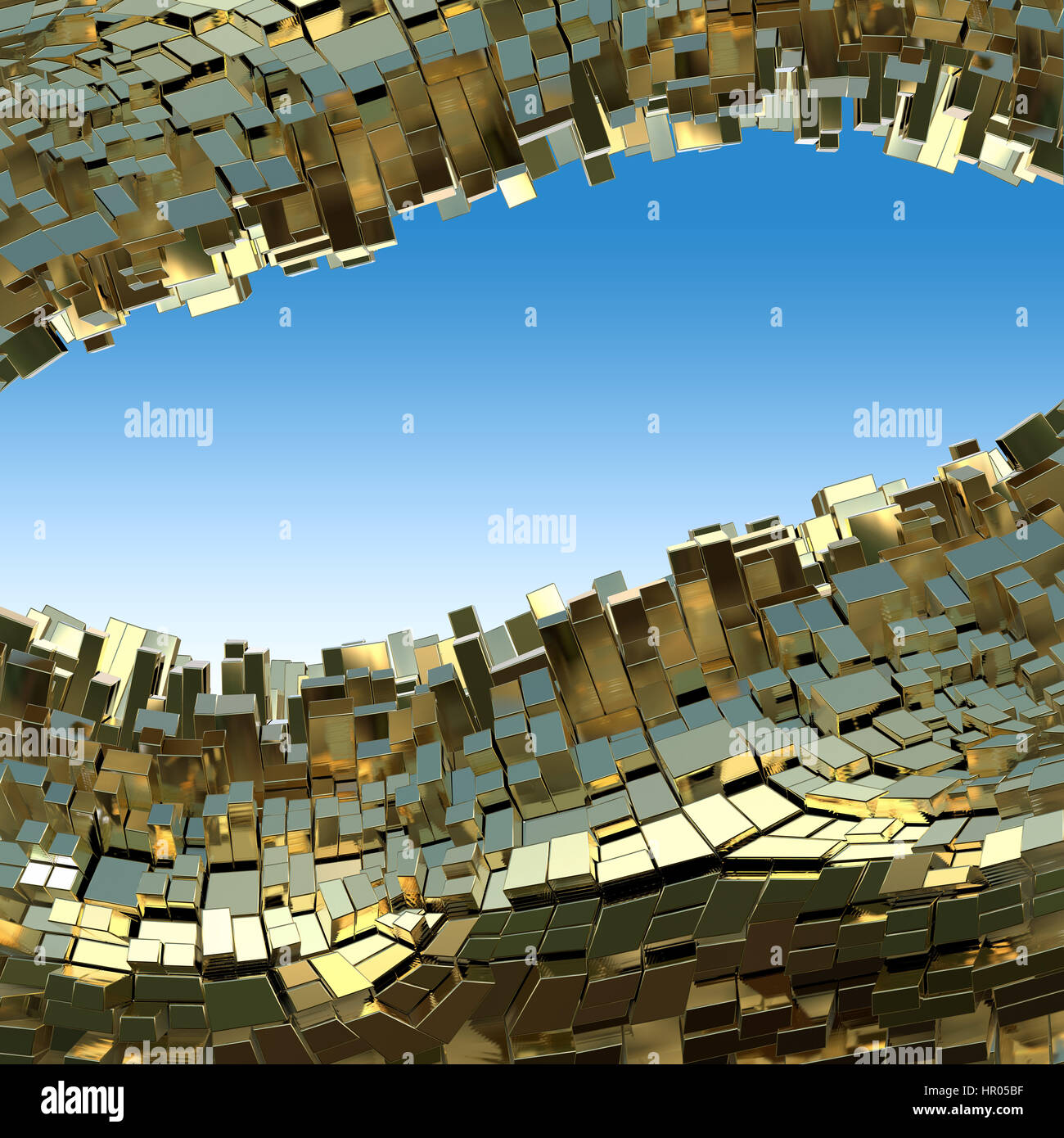 Abstrakte goldenen Rahmen aus Würfel Hintergrund in Gelb Ton. 3D abstrakten Hintergrund. Wasserlandschaft. Exemplar für Ihre Gestaltung und text Stockfoto