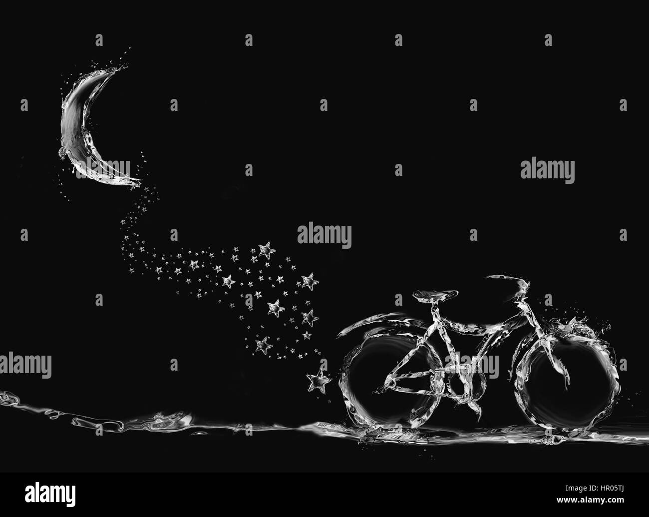 Ein Fahrrad von Wasser auf umweltfreundliche Verkehrsmittel mit einem schwebenden Dach unter eine Sternspur darstellen. Stockfoto