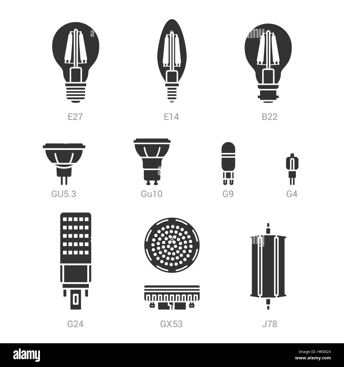 LED Lampe Leuchtmittel Vektor Silhouette Iconset auf weißem Hintergrund Stock Vektor