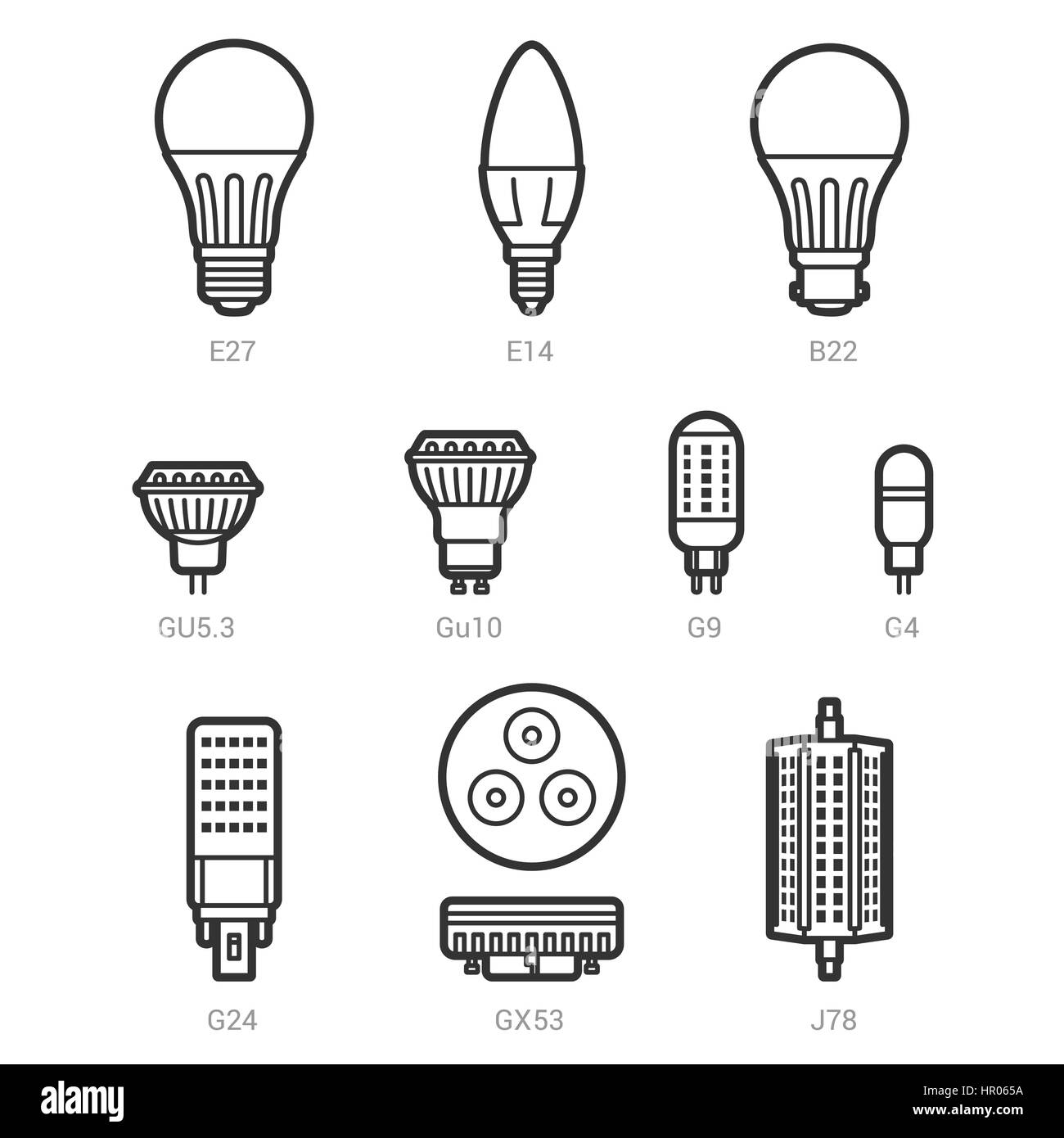 LED Lampe Leuchtmittel Vektor Umriss Iconset auf weißem Hintergrund Stock Vektor