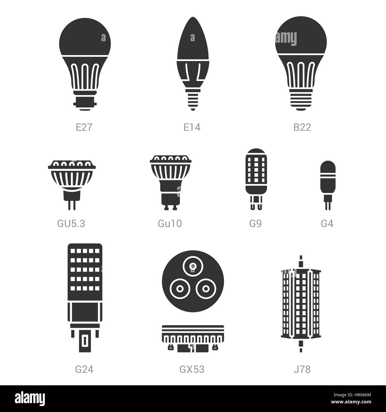 LED Lampe Leuchtmittel Vektor Silhouette Iconset auf weißem Hintergrund Stock Vektor