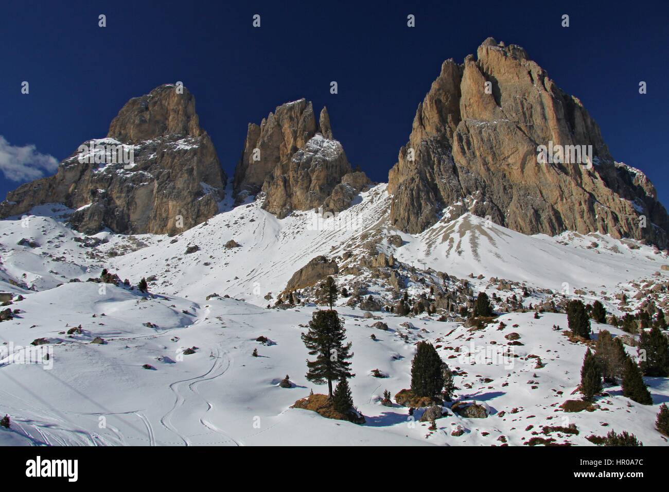 Bergmassiv der Ski Area Sellaronda, Dolomiti, Italien Stockfoto