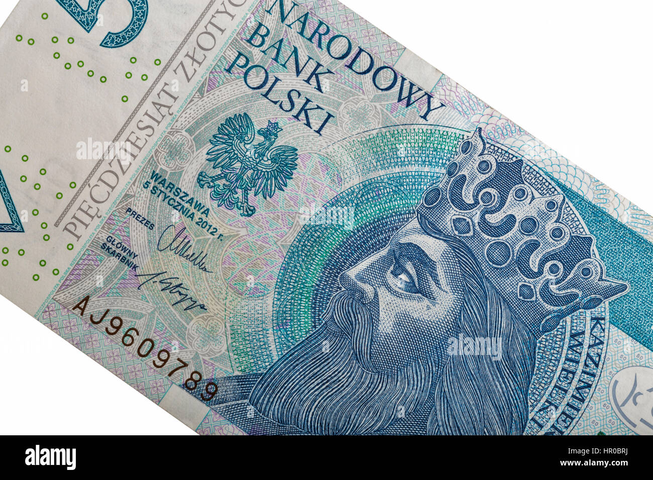 Polnische Geld Rechnung 50 Zloty Makro isoliert auf weißem Hintergrund mit Porträt von König von Polen Casimir III das große. Stockfoto