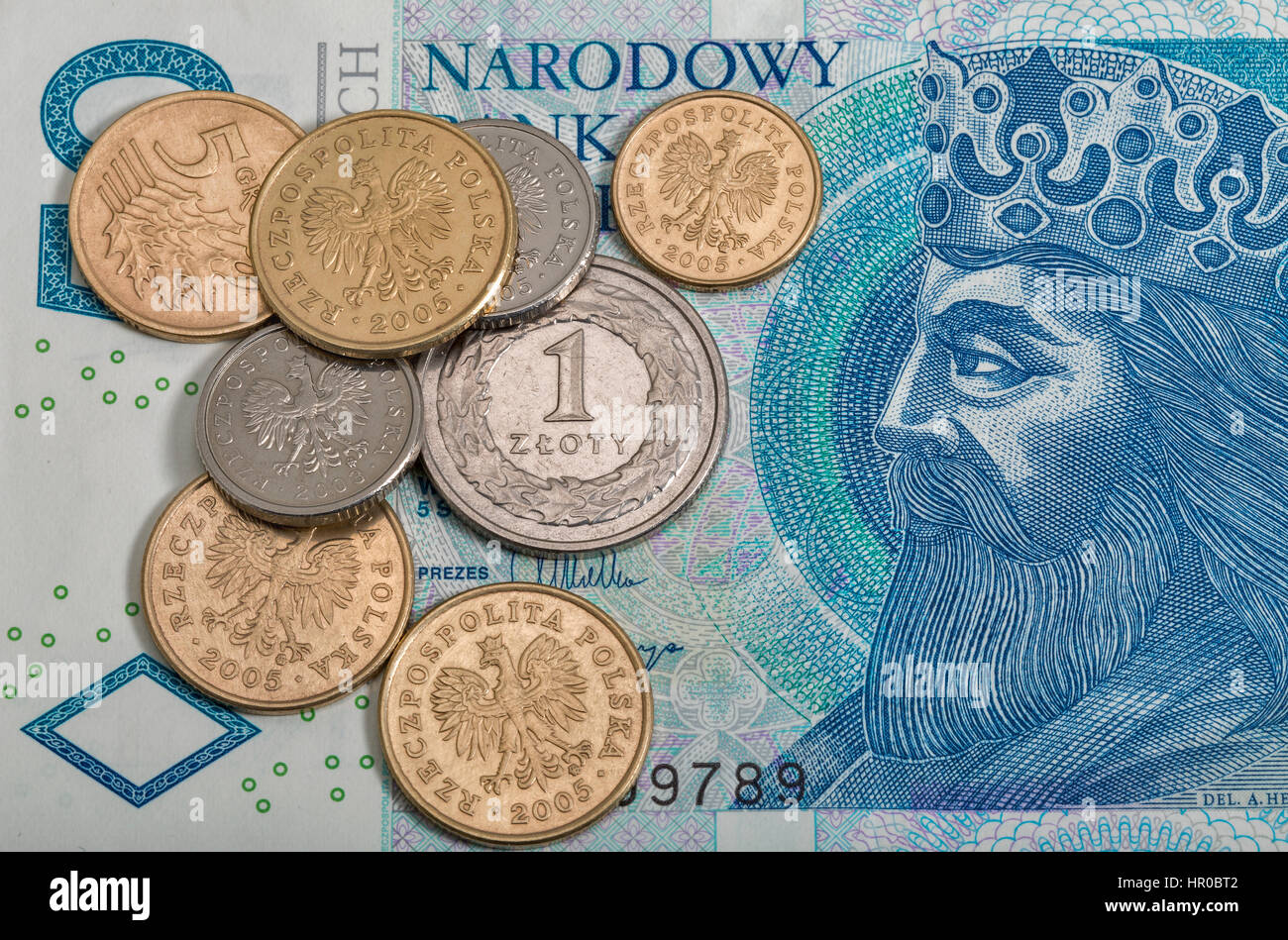 Polnische Zloty 50 Banknoten und Münzen Makro Stockfoto