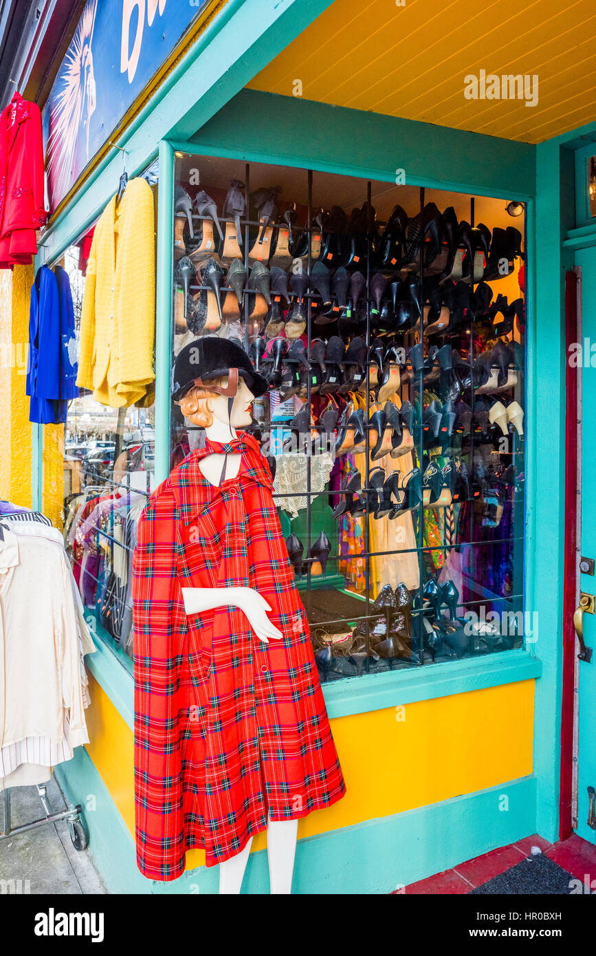 Burcu der Engel Vintage Clothing Store, Main Street, Vancouver, Britisch-Kolumbien, Kanada. Stockfoto