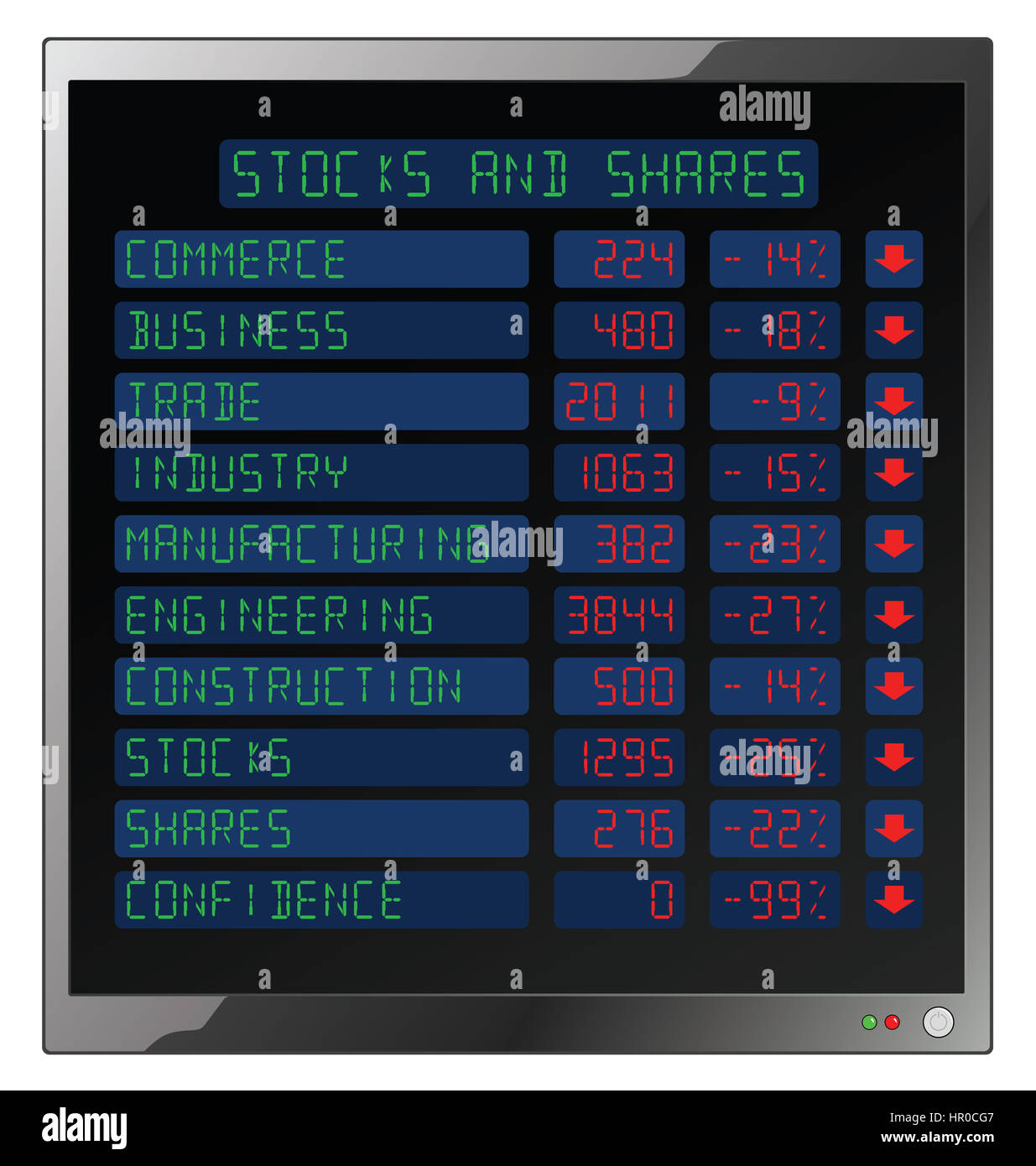 Aktien und Anteile verliert am Bildschirm einschließlich Vertrauen fallen isoliert auf weißem Hintergrund Stockfoto