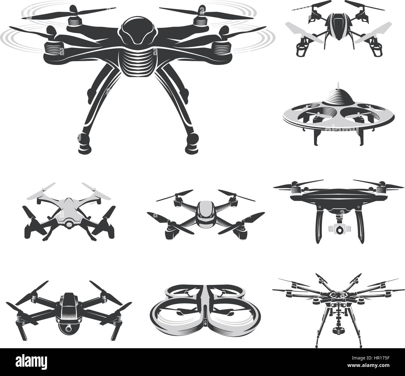 Isolierte Quadcopter, Rc Drohne Logo Kollektion, Fpv-Gerät-Logo-Set Vektor-illustration Stock Vektor
