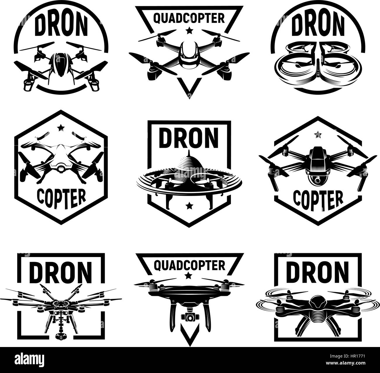 Isolierte monochrome Quadcopter Symbole in Rahmen, Rc Drohne Logos Sammlung, Fpv-Gerät-Logo-Set Vektor-Illustration. Stock Vektor