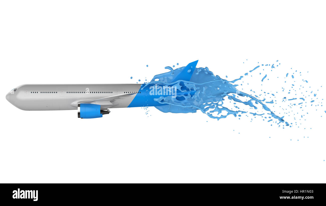 3D Rendering weiße und blaue Flugzeug Spritzwasser auf weißem Hintergrund Stockfoto