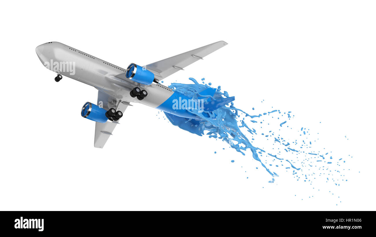 3D Rendering weiße und blaue Flugzeug Spritzwasser auf weißem Hintergrund Stockfoto