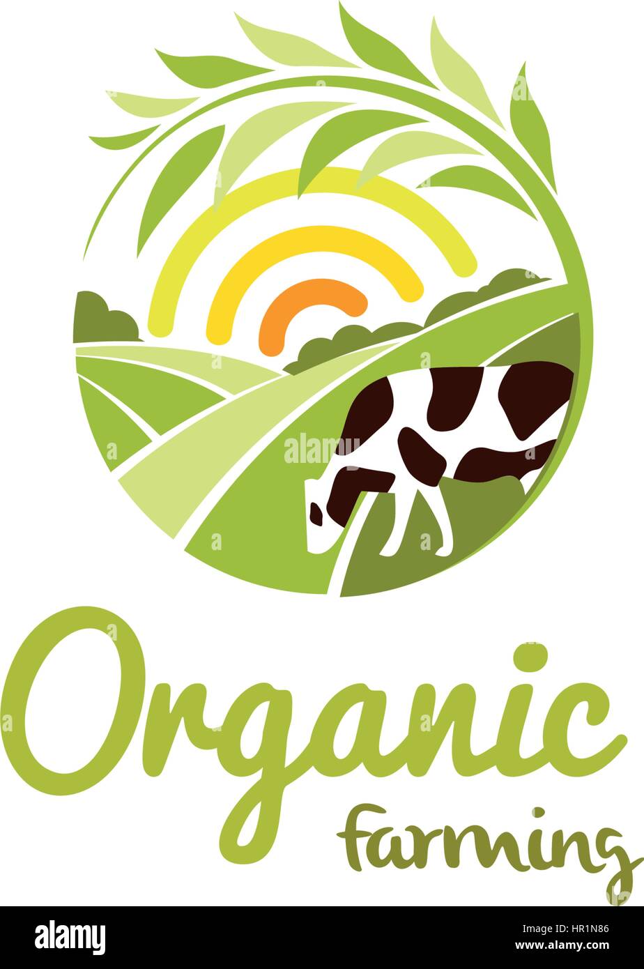 Isolierte abstrakt Runde Form ländlichen Landschaft mit Sonne, grüne Wiese und Kuh-Logo, der ökologische Landbau Logo-Vektor-Illustration. Stock Vektor